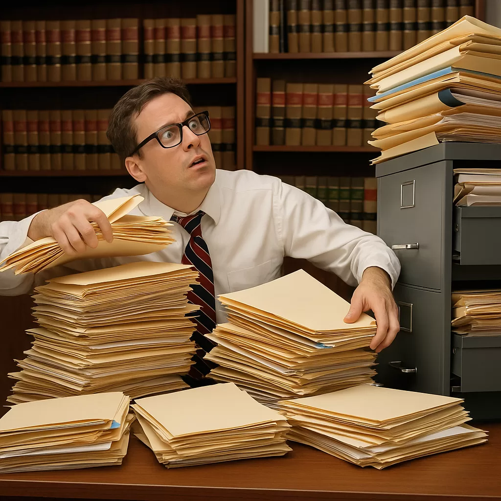 Stressed solicitor overwhelmed by paperwork in a disorganised law office