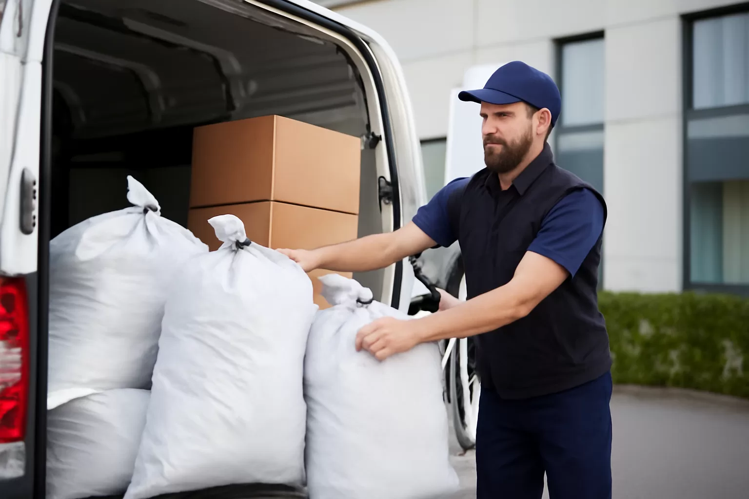 Man collecting boxes of paperwork for secure document shredding service.