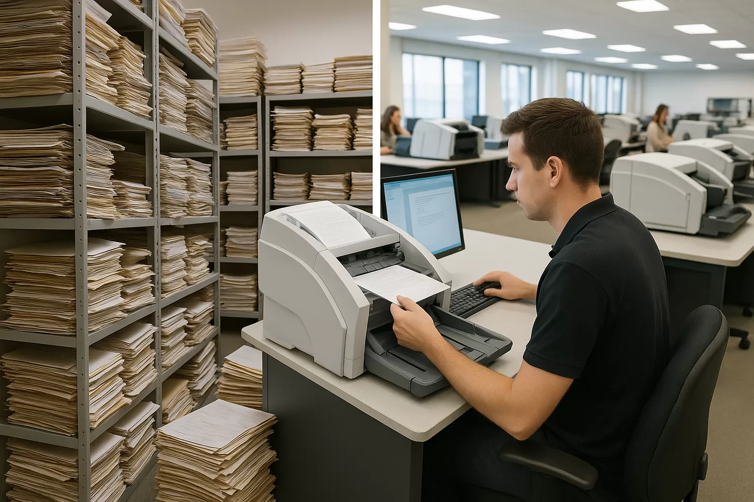A composite photograph showcases the transformation from paper document storage to high-volume digital scanning using professional bureau-grade scanners.