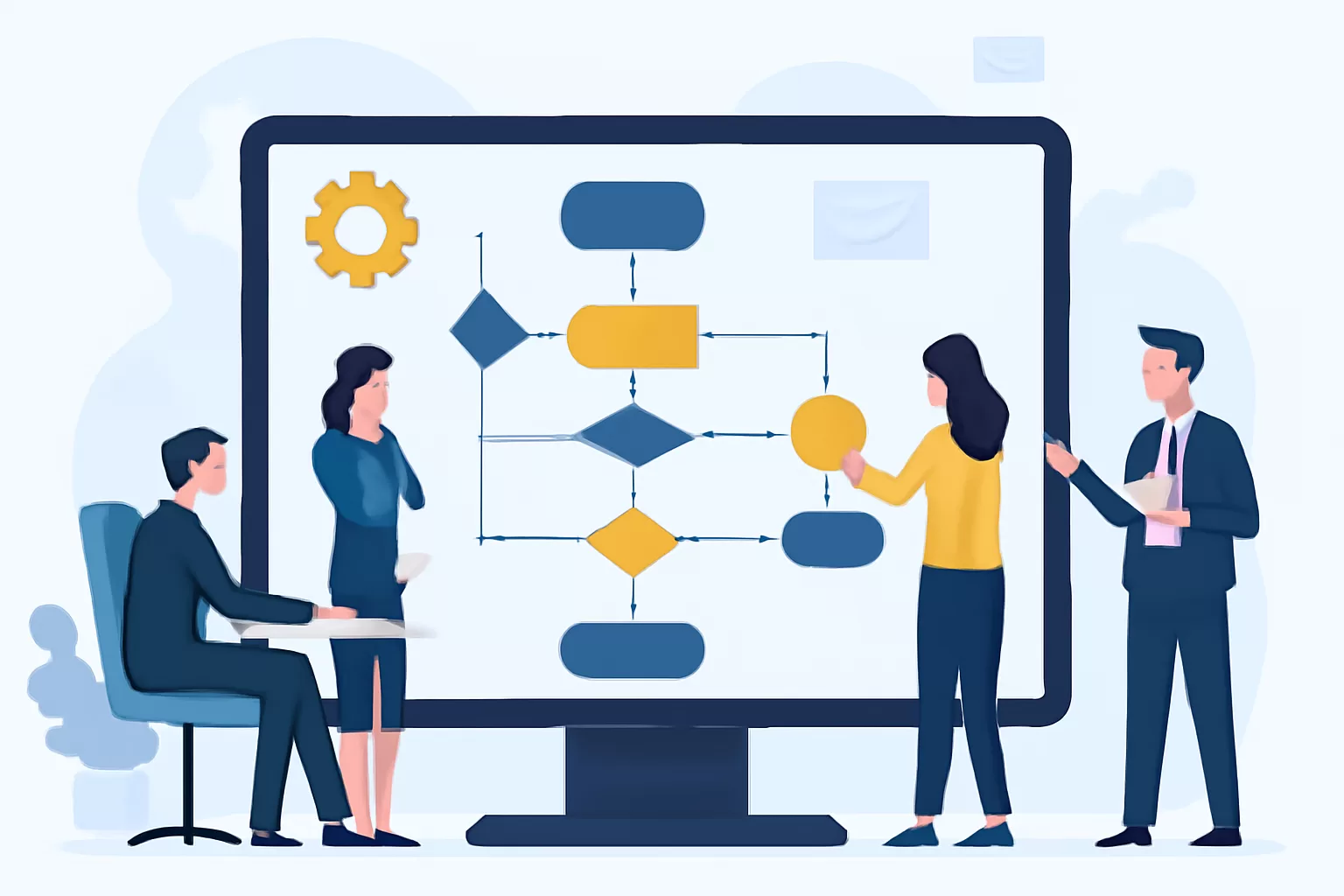 A flat-style digital illustration depicting business process automation with interconnected systems and processes.