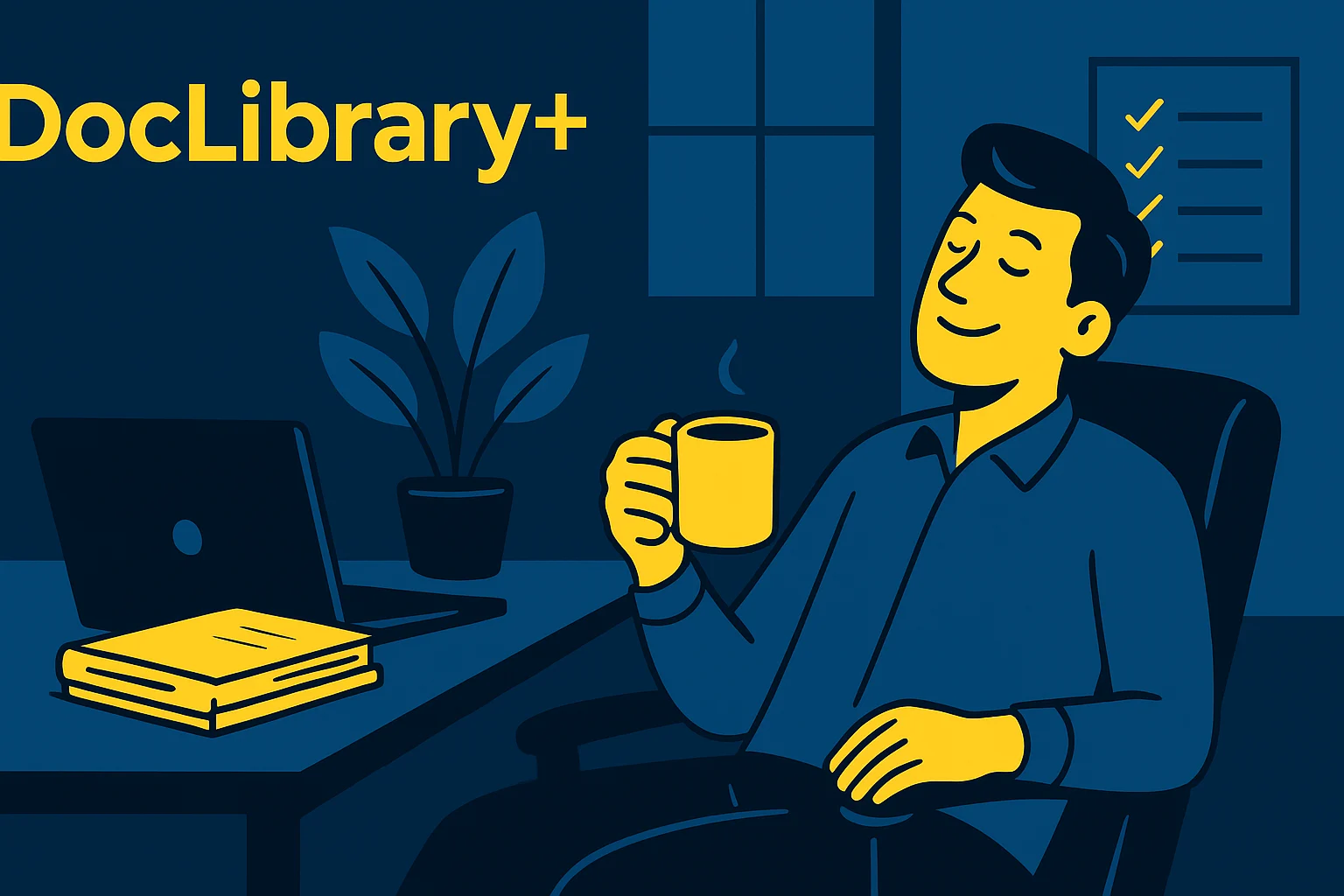 Relaxed office worker enjoying a coffee at a tidy desk, with the navy-blue and yellow DocLibrary+ logo overhead, symbolising stress-free document management.