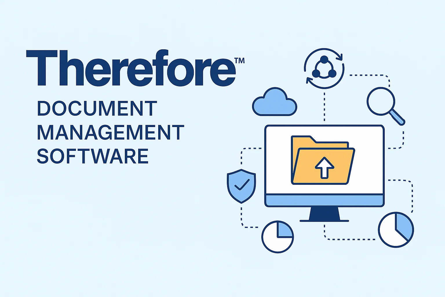Illustration of Therefore™ Document Management Software interface with icons representing cloud storage, data security, workflow, and analytics