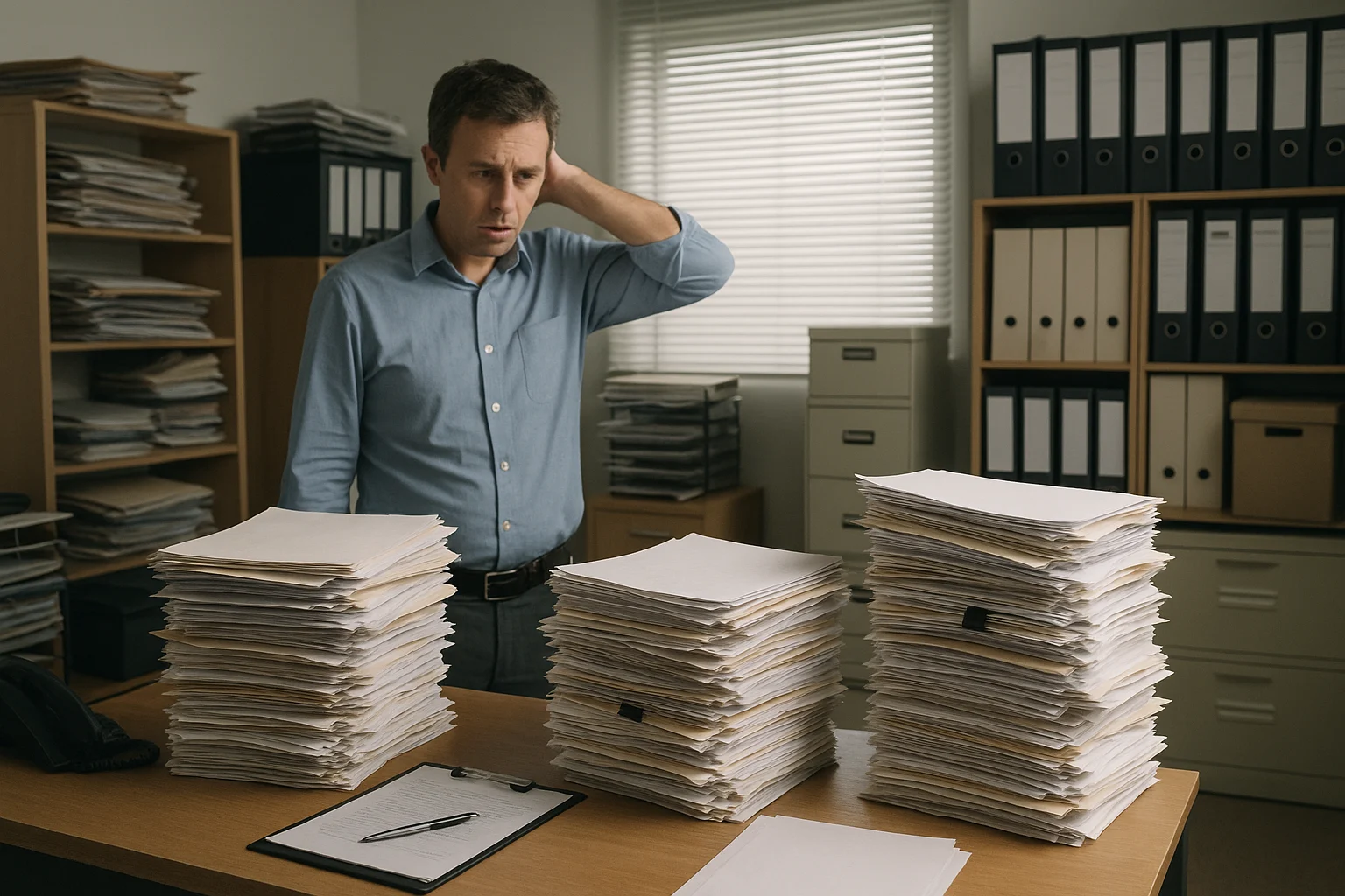 Overwhelmed office worker surrounded by paper stacks and filing cabinets in a cluttered workspace