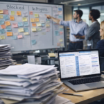 Whiteboard showing blocked tasks and document version confusion causing productivity bottlenecks