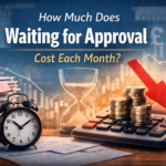 Stack of paperwork, clock, and calculator showing cost of waiting for approval and delays in business processes