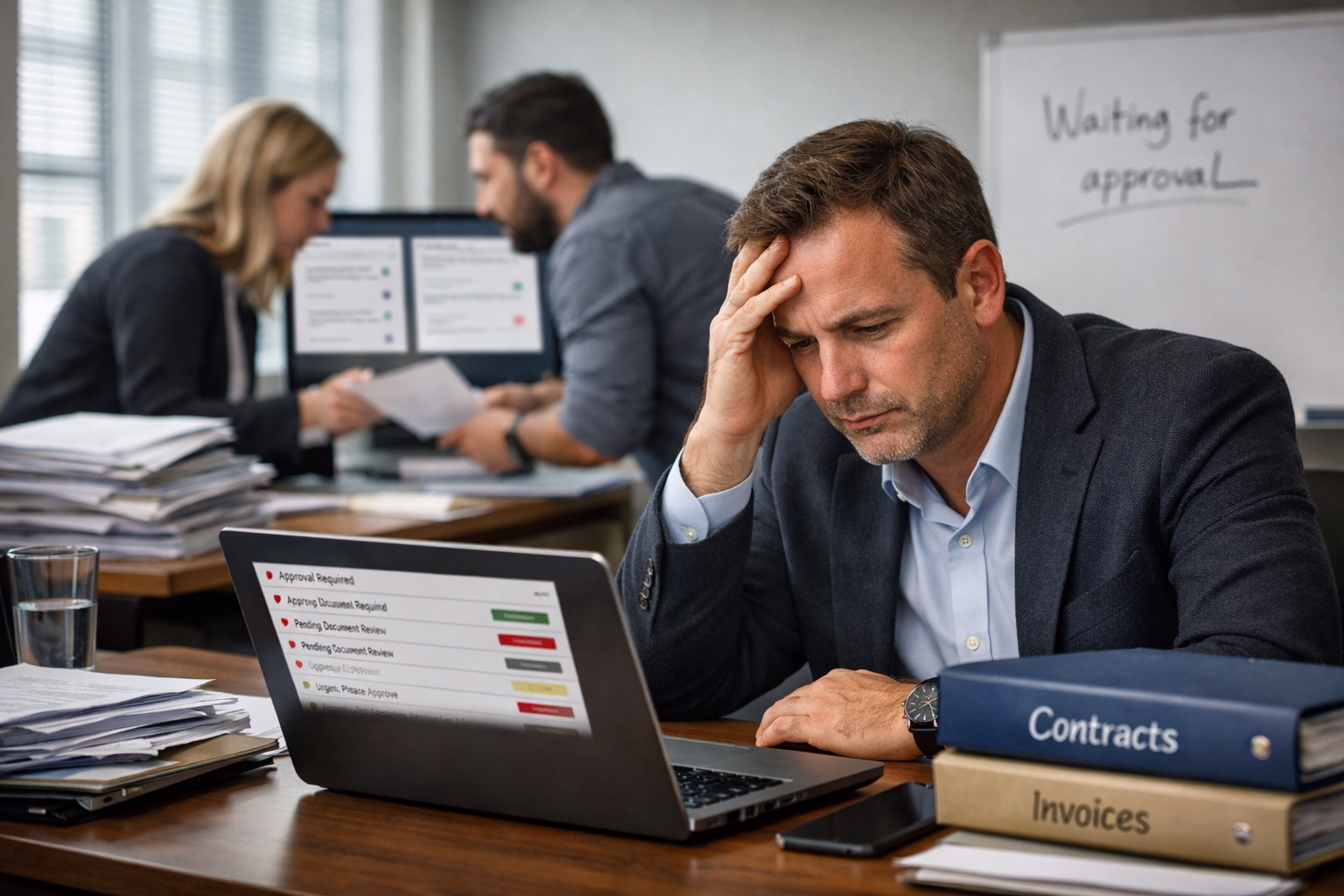 Manager overwhelmed by approvals and duplicate documents in a busy office, showing why hiring more staff doesn’t fix productivity