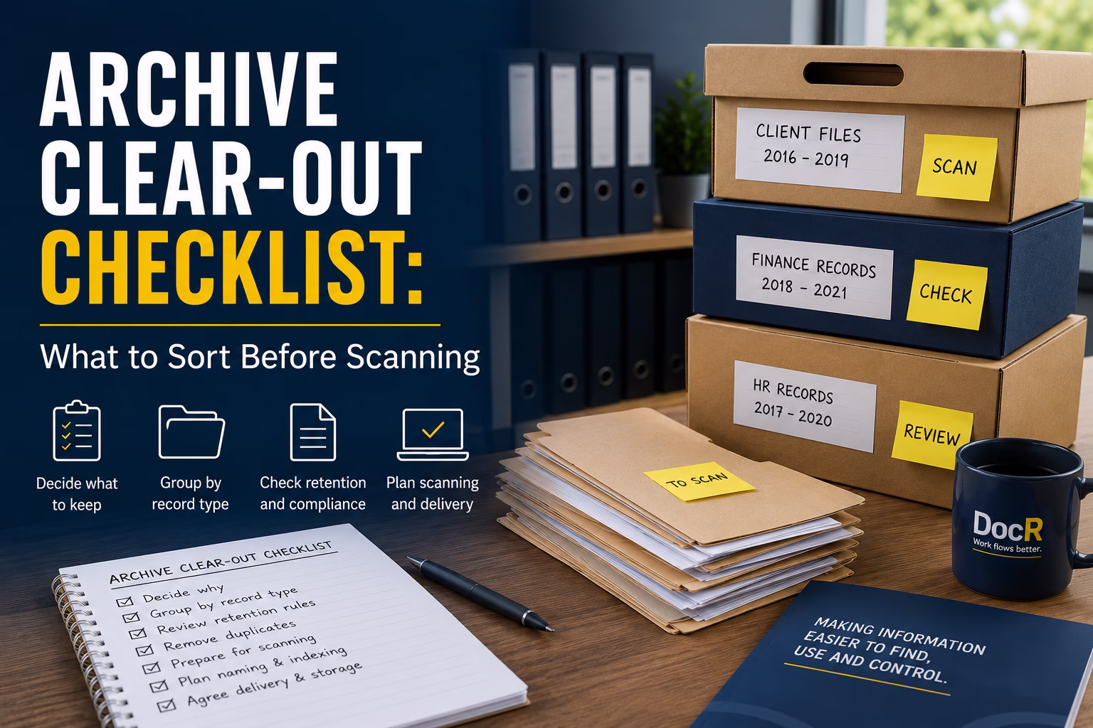 Office archive boxes and checklist being prepared before document scanning