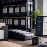 Archive boxes and paper files being prepared for secure document scanning in a modern UK SME office.