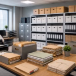 Archive boxes and paper business records being prepared for document scanning