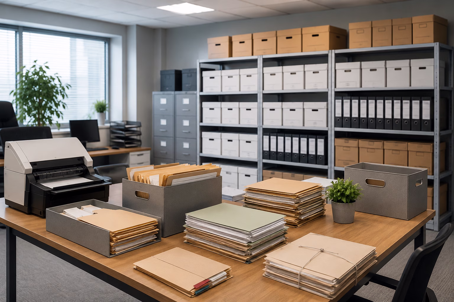 Archive boxes and paper business records being prepared for document scanning