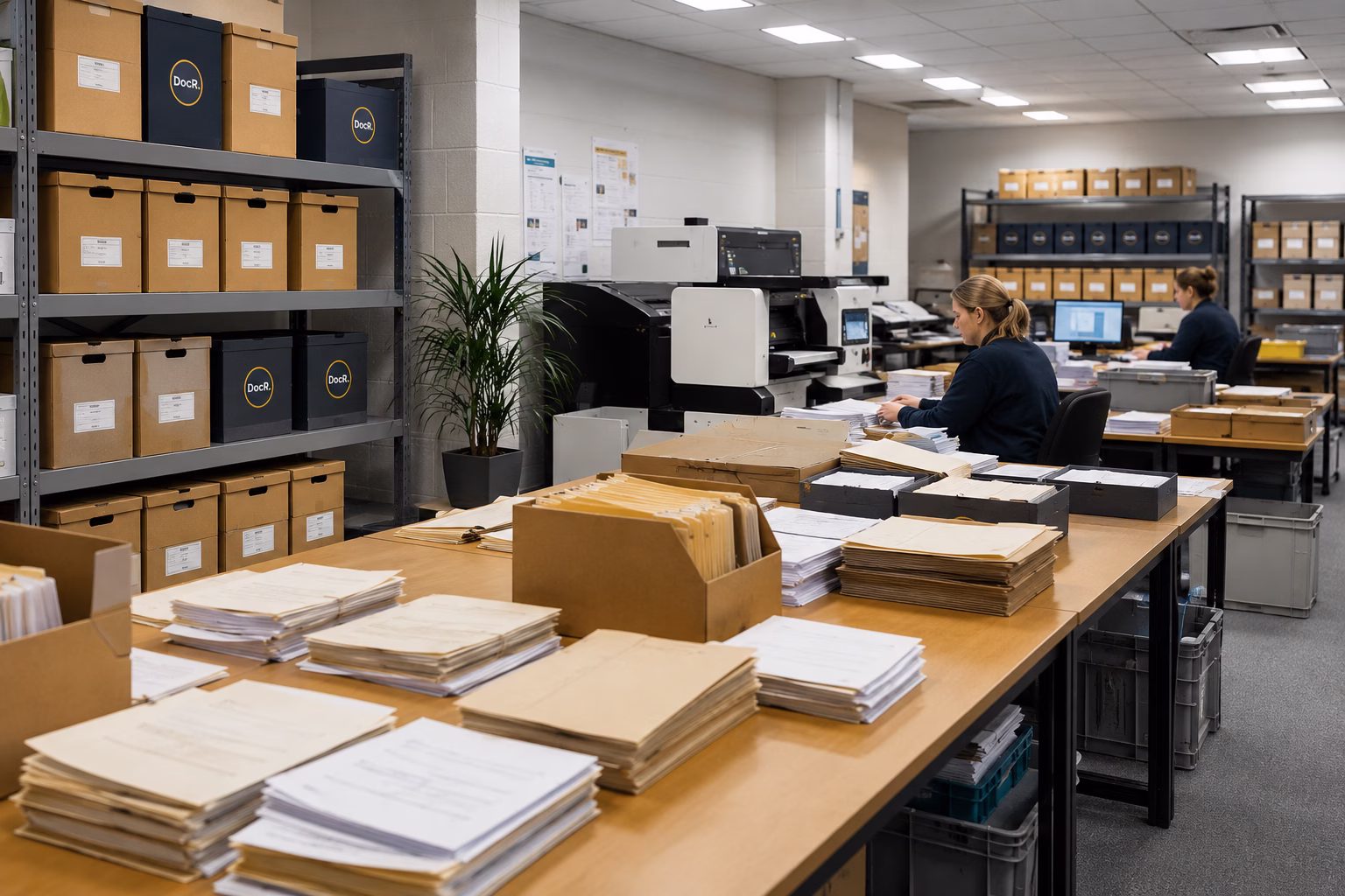 Professional document scanning workspace with archive boxes and paper records being prepared for digitisation